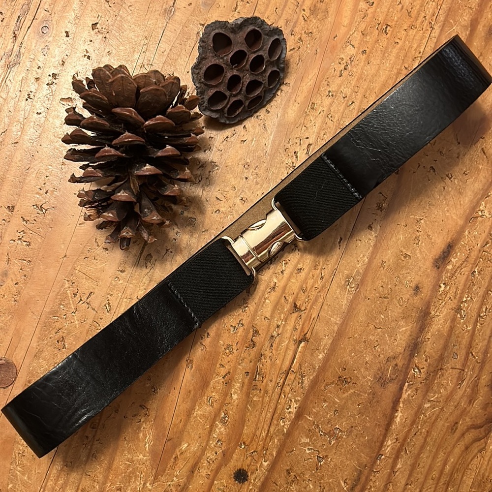 B-LOW THE BELT 1.5 inch W- leather & elastic Gore belt with gold clasp buckle.